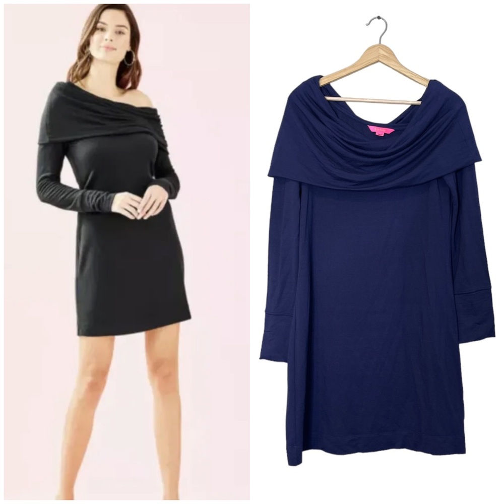 Lilly Pulitzer Women’s Belinda One Shoulder Dress Size M Long Sleeve Navy Blue